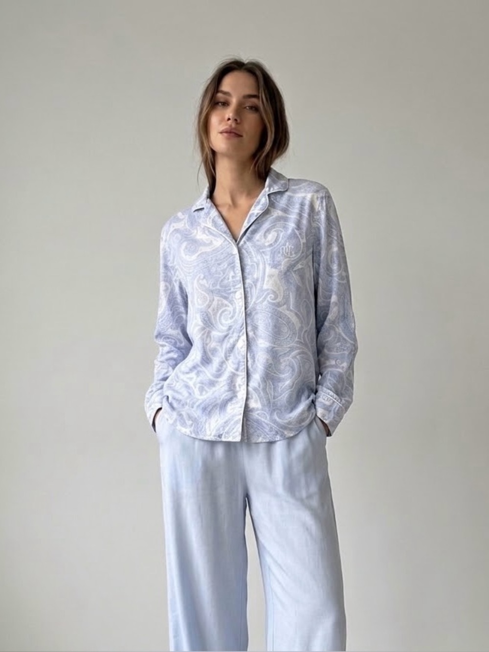 Lauren Ralph Lauren Pale Blue Paisley Long-Sleeve Pajama shirt